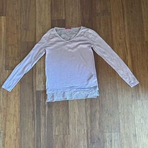Guess Dusty Blush Lace Trim V-Neck Layered Hem Long Sleeve Sweater Top S